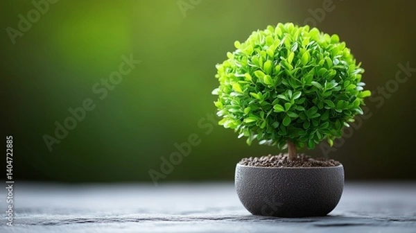 Obraz Vibrant green bonsai tree in minimalist round pot on gray surface with soft green background symbolizing sustainability and eco growth
