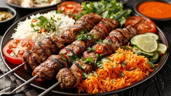 Fototapeta A wooden platter with two shish kebabs, one made of lamb and the other of chicken