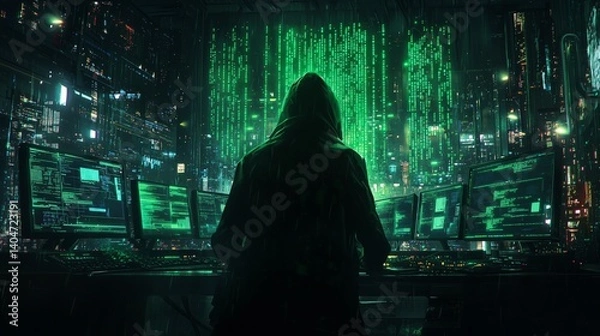 Fototapeta Silhouette of mysterious hacker in hoodie surrounded by glowing green code on multiple screens in dark cyber city atmosphere