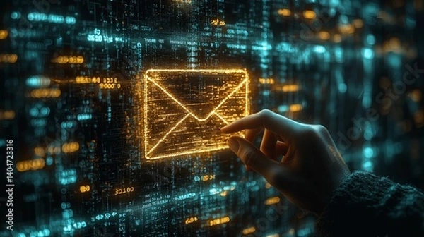 Obraz Digital hand reaching for glowing email icon against cyber matrix backdrop suggesting phishing threat and data vulnerability in cyberspace