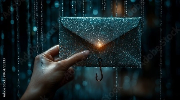 Obraz hand grasping glitter envelope with phishing hook under digital rain highlights email scam risk and cyber vulnerability in matrix theme
