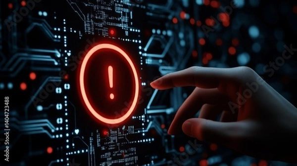 Fototapeta Red Warning Symbol Glowing On Digital Circuit Interface With Hand Reaching Toward Virtual Security Alert In Futuristic Technology System