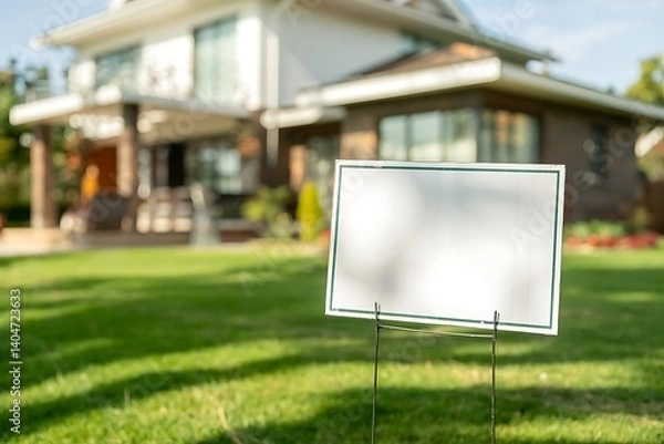 Fototapeta Blank white lawn sign with green border on suburban grass, modern house background, real estate or yard message concept

