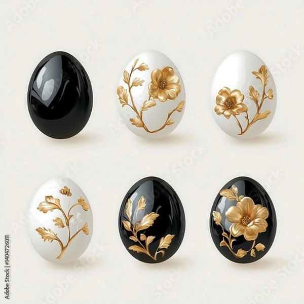 Obraz Stunning Black and White Easter Eggs with Golden Floral Embellishments