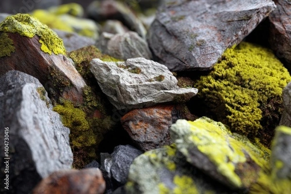 Obraz An intimate close-up reveals a captivating texture of rough, weathered rocks. A splash of vibrant lichen adding a stunning natural beauty.