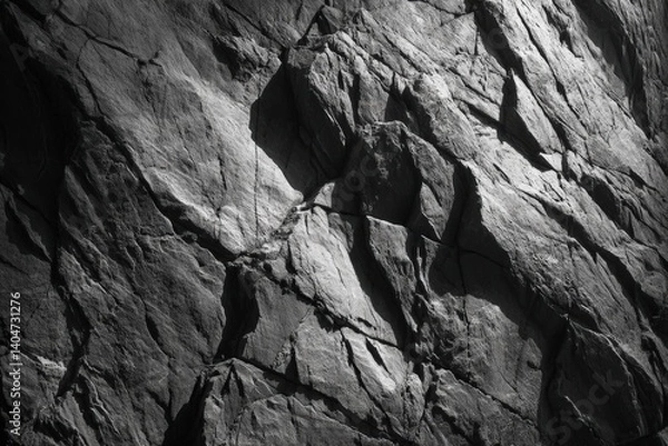 Obraz A dramatic close-up of a rugged rock face, highlighting the intricate texture of the stone, with deep shadows and crevices, revealing a sense of rugged beauty and resilience. 