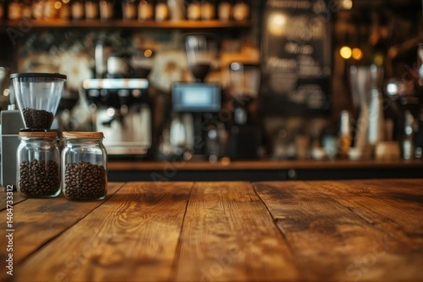 Obraz Coffee beans resting on rustic wooden table for product placement in blurred cafe setting