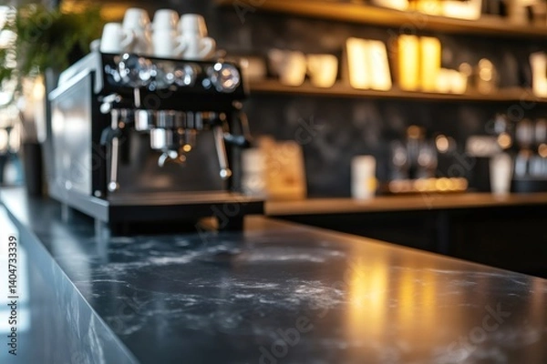 Obraz Sleek black marble countertop for product placement in modern coffee shop with espresso machine
