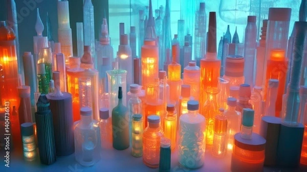 Fototapeta Glowing miniature city skyline created from various bottles and jars.