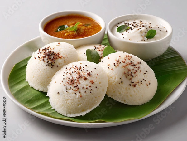 Fototapeta Soft and Fluffy Steamed South Indian Idli, Traditional Rice Cakes Served Fresh and Hot