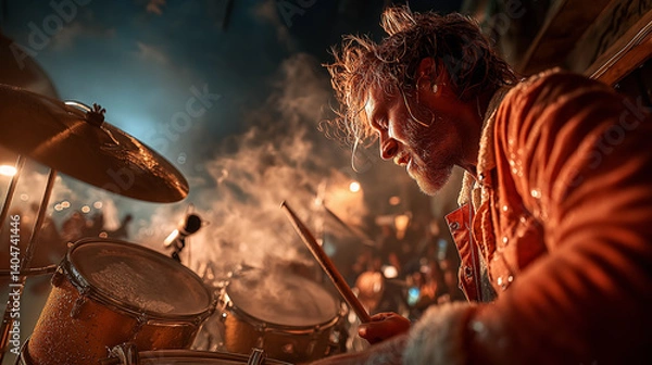 Obraz Generated Image of a jazz drummer behind the drum kit, low angle shot, 8K HDR format. Visible are drumsticks in motion, splashes of sweat, reflection of light, and clouds of coloof colored smoke