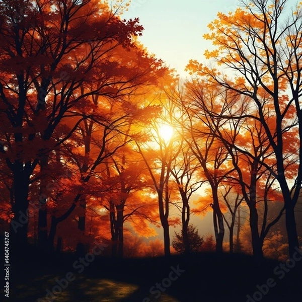 Fototapeta Autumn Forest Scene with Sunlight Streaming Through Orange Leaves