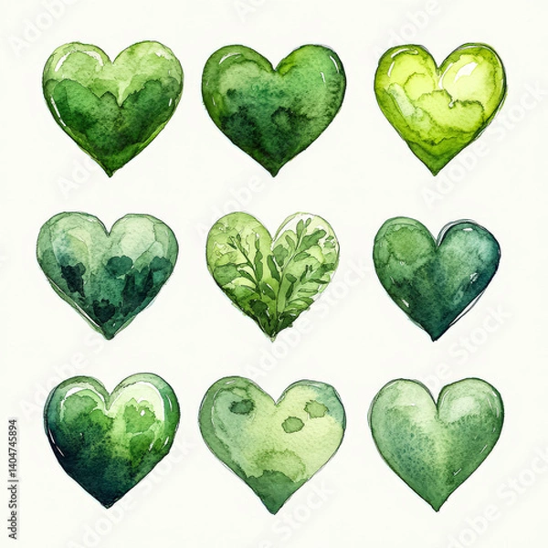 Fototapeta Set of green hearts with leaves in the middle