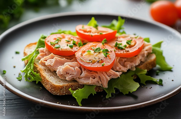 Fototapeta Three sandwiches with tuna, tomatoes, and lettuce, placed on a black plate with a dark wooden background.