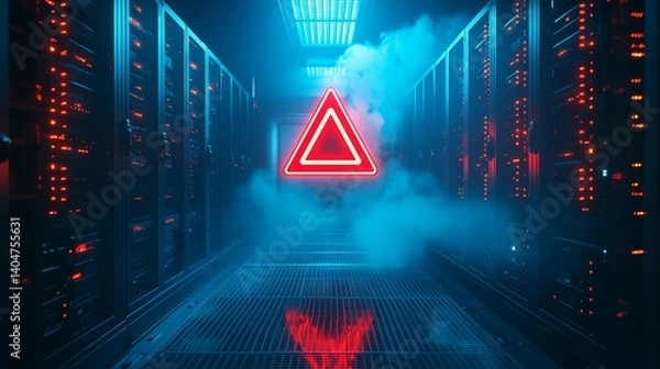 Obraz A dramatic view of a high-tech server room illuminated by a neon warning sign, creating a futuristic and intense atmosphere.