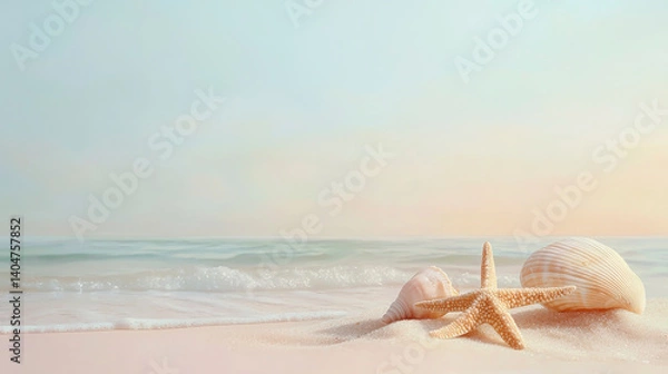 Fototapeta A tranquil beach scene showcases delicate shells and a starfish gently resting on soft sand as gentle waves lap at the shore, creating a perfect getaway ambiance at sunset
