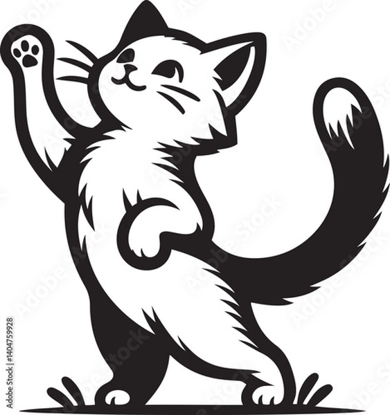 Obraz Cute Playful Cat Reaching Up Paw in fun silhouette vector illustration design for active pet lovers