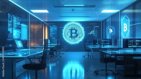 Obraz A futuristic cryptocurrency trading room with glowing Bitcoin symbols and advanced technology, showcasing a high-tech financial environment.