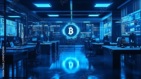 Obraz Futuristic digital office featuring blue tones and cryptocurrency visuals, embodying a high-tech finance environment.