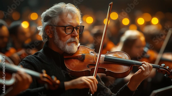 Obraz Generated Image of an older Violinist with gray hair and beard, wearing glasses, is focused on playing the violin In the blurred background