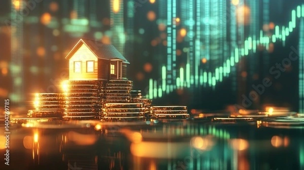 Obraz A mini wooden house on a pile of shimmering gold coins, symbolizing real estate investment amidst digital financial trends.