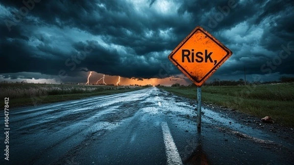 Obraz A striking 'Risk' warning sign stands on a desolate road as storm clouds and lightning create an ominous atmosphere.