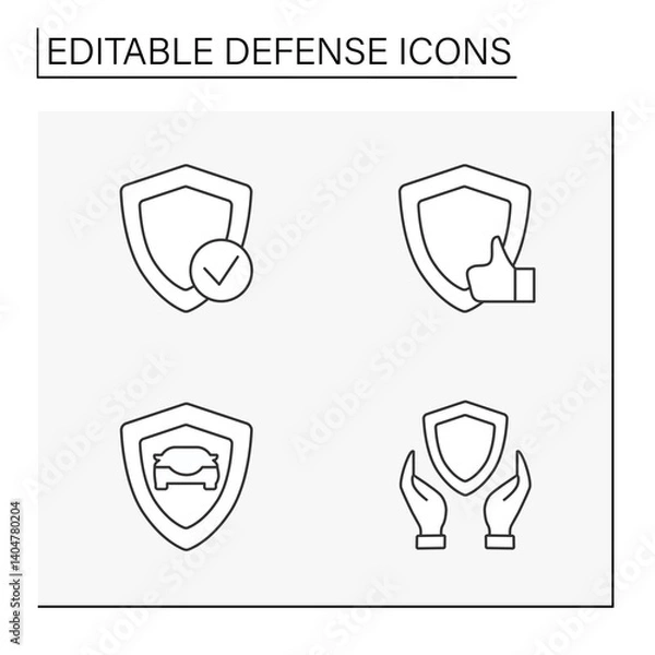 Fototapeta  Defense line icons set. Protection shields. Personal data. Safety concepts. Isolated vector illustrations. Editable stroke