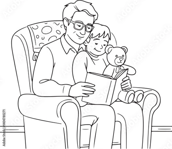 Fototapeta Father and Son Enjoying a Reading Book Coloring page line art black and white vector illustration