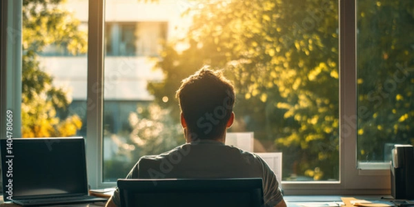 Obraz worker manager staring out of the window at a sunny day outside 