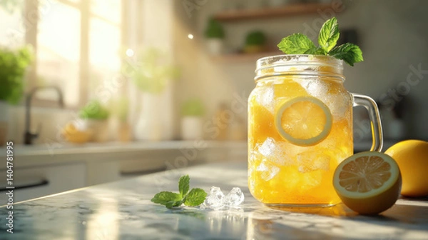 Fototapeta A mason jar filled with refreshing lemonade and crushed ice sits on a sunlit kitchen counter. Lemon slices and fresh mint adorn the drink, creating a cheerful atmosphere