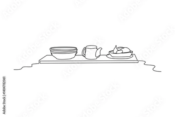 Obraz One single line drawing of tableware. Minimalist kitchenware tools concept. Dynamic continuous line draw design graphic vector illustration.