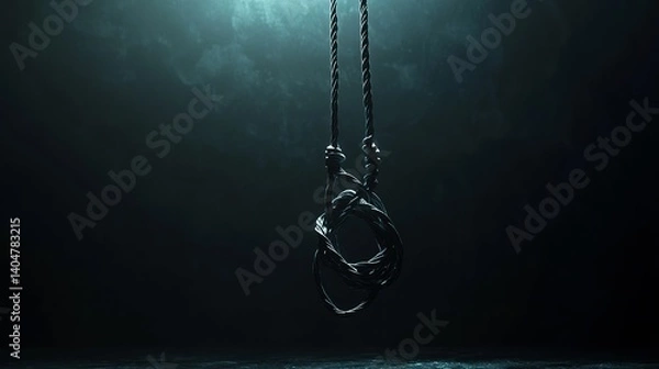 Fototapeta A close-up of tangled ropes hanging in a dimly lit environment, creating a sense of mystery and intrigue.