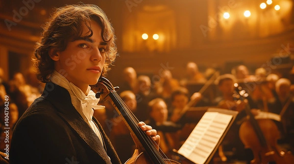 Obraz Generated Image of a middle-aged cellist with dark hair is intently playing the cello, his hands gracefully touching the strings at a classical music concert