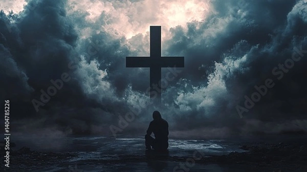 Fototapeta A solitary figure in a dark setting, contemplating in front of a large cross surrounded by stormy clouds.