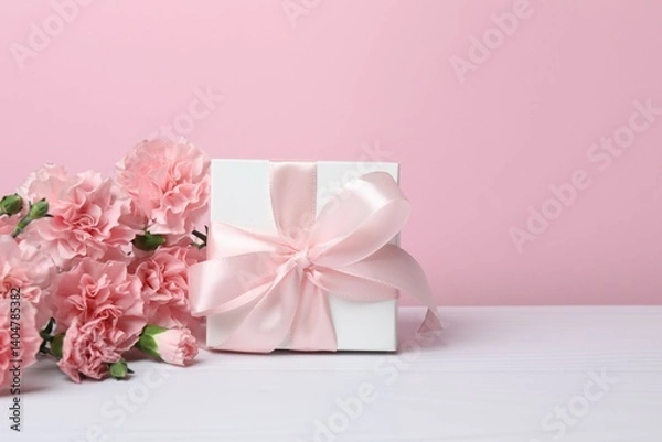 Obraz Beautiful bouquet of pink carnations with gift box on a color background