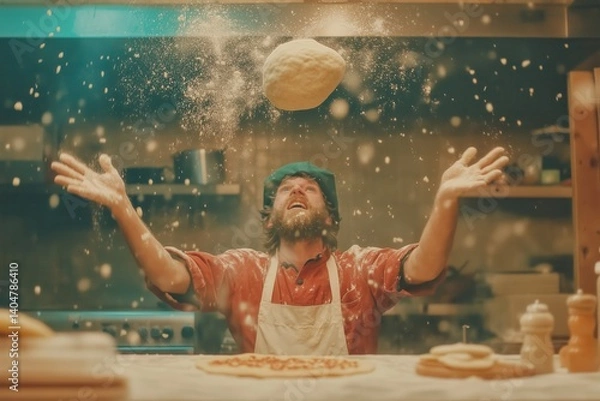 Obraz A chef in a kitchen, tossing pizza dough into the air. 