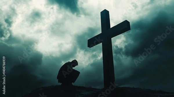 Obraz A silhouette of a man kneeling beside a large cross under a moody, cloud-filled sky.