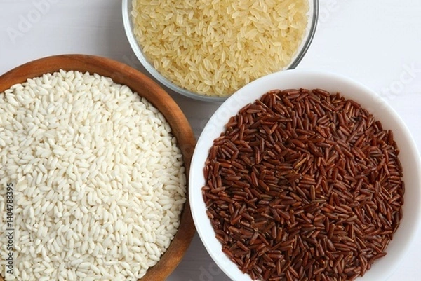 Obraz Different types of rice in bowls on table, closeup