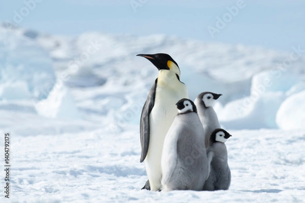 Fototapeta Emperor Penguin with three chicks in Antarctica 