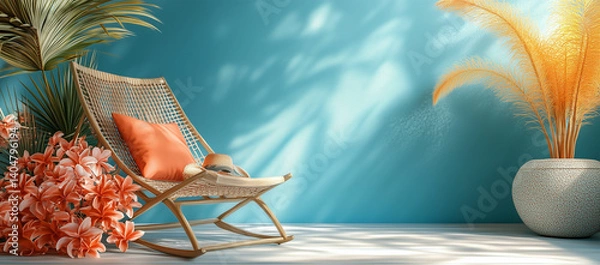 Obraz 3D Beach Scene with Chair, Palm Tree, Picnic Box and Ball on Blue Background
