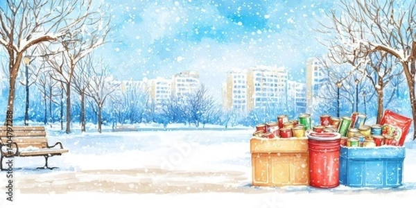 Obraz Snowy park scene featuring colorful bins and a bench against a backdrop of buildings.
