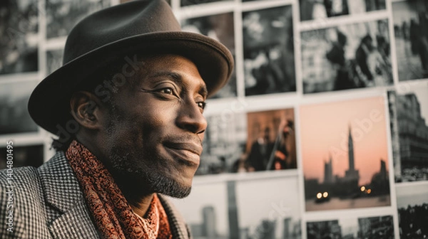 Obraz Generative AI portrait of a smiling jazz musician wearing a hat and scarf, set against a backdrop of a photo collage dedicated to the celebration of International Jazz Day in different cities