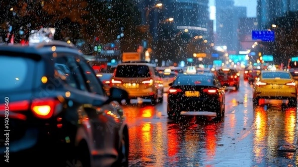 Fototapeta A vibrant city scene showcasing cars navigating through a bustling street during a rainy evening, with colorful reflections on wet pavement creating a dynamic urban atmosphere.