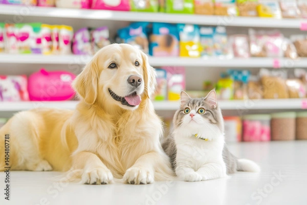Obraz A cat and a dog lying side by side in a pet store, looking upwards with anticipation. The shelves are full of pet food and supplies