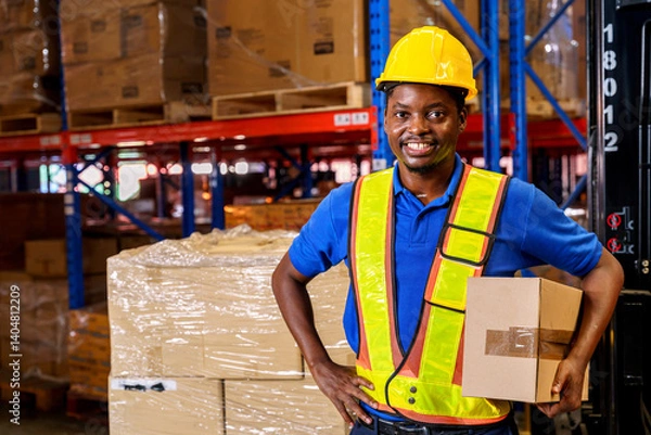 Obraz A confident warehouse worker holding a cardboard box in a storage warehouse. 