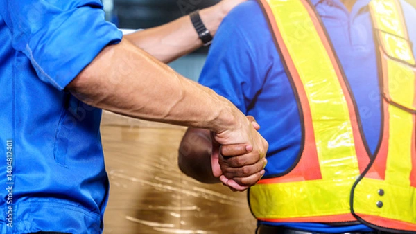 Obraz Two warehouse workers shaking hand in a storage warehouse.