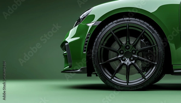 Obraz Close-up view of a glossy green sports car highlighting its sleek design and black alloy wheels against a smooth green background