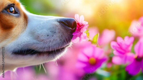 Fototapeta A dog sniffs a pink flower in full bloom surrounded by vibrant garden greenery