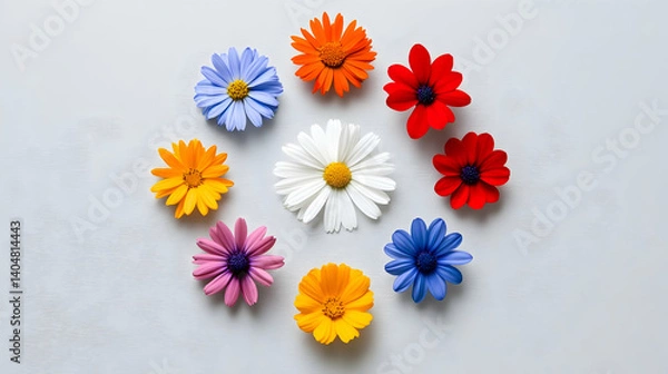 Fototapeta Vibrant flowers of various colors are arranged in a circular pattern on a white surface