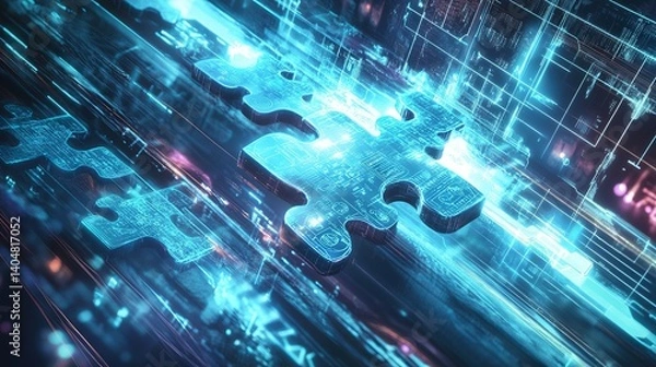 Fototapeta Futuristic puzzle piece floating in a digital landscape, symbolizing technology and innovation.